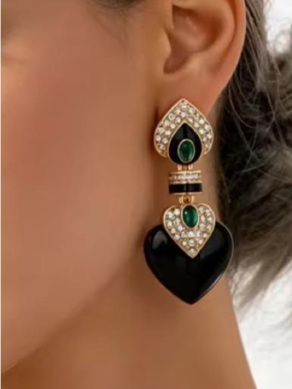 Anthropologie Black and Green Crystal Heart Drop Earrings